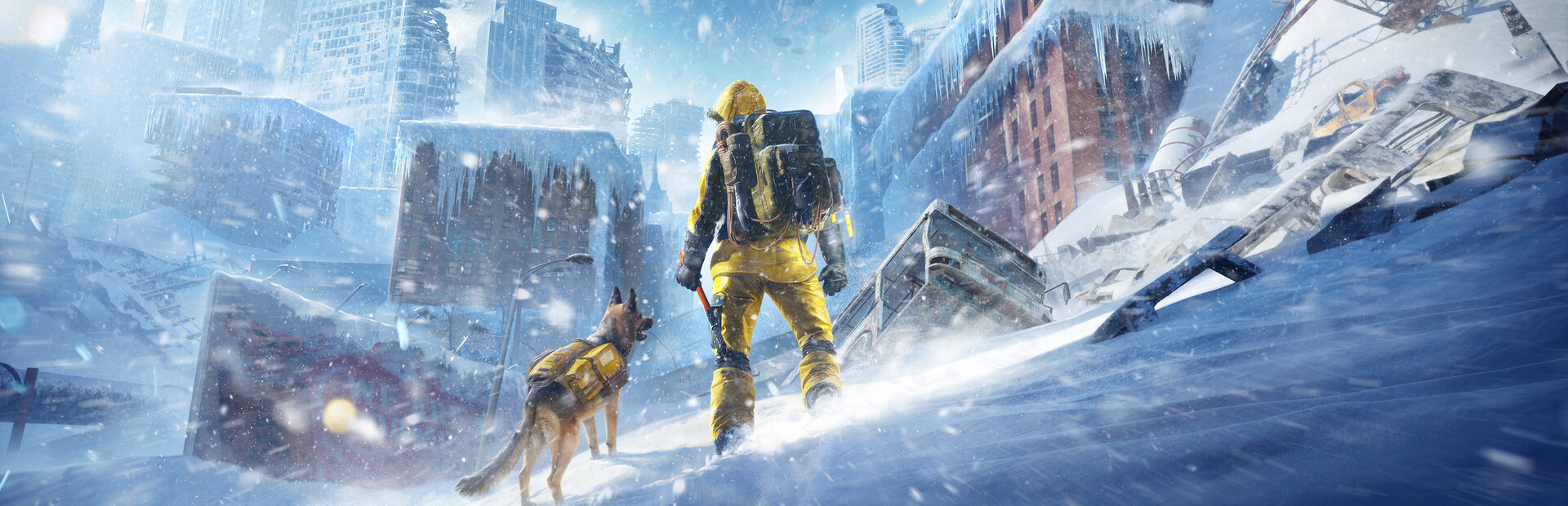 Official Permafrost artwork showing a survivor and dog in a frozen city